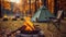 Magical Evening Campfire, Chairs and Tent in Enchanting Forest. created with Generative AI