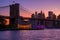 Magical evening purple sunset view of the Brooklyn bridg