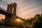 Magical evening sunset close up view of the Brooklyn bridge from the Brooklyn park