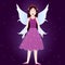 Magical fairy creature on dark violet background with beautiful wings shining, children fantasy book character