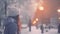 Magical fairy tale winter landscape with snow fall. Outdoor close up photo of young beautiful happy smiling girl walking