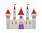 Magical fairytale castle. Wall impenetrable purple gate towers gold arrow ornament red flags powerful building with two