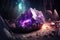 Magical fantasy crystal amethyst mystical glows from the inside. Natural purple crystal stone in the forest cave, a gemstone. 3d