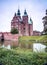 Magical fascinating landscape with famous Rosenborg Castle near pond in palace garden in Copenhagen, Denmark. Exotic amazing