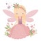 Magical floral whispers, adorable illustration of colorful fairies with cute wings and whispering flowers