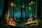 Magical forest with glowing toadstools and fireflies. Generative AI