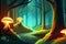 Magical forest with glowing toadstools and fireflies. Generative AI