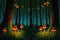 Magical forest with glowing toadstools and fireflies. Generative AI