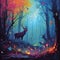 magical forest scene with vibrant colors and mystical creatures.