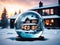 Magical glass ball with tiny modern house inside near big real cozy house with lights in windows in winter. Gift dream for