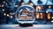 Magical glass ball with tiny modern house inside near big real cozy house with lights in windows in winter. Gift dream for