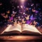 magical glowing butterflies fly out of an open book, a concept of knowledge, a metaphor for imagination and fantasy