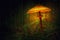 Magical glowing mushroom with fireflies flying around it