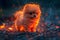 Magical Glowing Pomeranian Dog Surrounded by Fiery Sparks at Twilight Fantasy Animal Concept