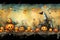 Magical Halloween background with pumpkins and lanterns