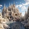 A magical ice and snowy castle with fantasy design.