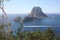 The magical island of Es Vedra with the small islet of Es Vedranell next to it in front of the coast of Cala d`Hort in the touris