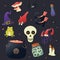 Magical items set in cartoon style on dark background, fantasy colourful poisonous mushrooms, witch hat, frog