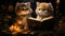 Magical Kittens: Two Wizard Cats Immersed in Book and Candlelight on Dark Background Ai genetared