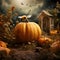 A magical land with a great pumpkin, a bee and a fly. Pumpkin as a dish of thanksgiving for the harvest