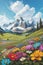 Magical Landscape, An Amazing Blooming Alpine Meadow, A High Mountain With A Snowy Peak In The Background.