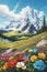 Magical Landscape, An Amazing Blooming Alpine Meadow, A High Mountain With A Snowy Peak In The Background.