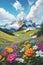 Magical Landscape, An Amazing Blooming Alpine Meadow, A High Mountain With A Snowy Peak In The Background.