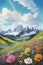 Magical Landscape, An Amazing Blooming Alpine Meadow, A High Mountain With A Snowy Peak In The Background.