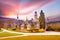 Magical landscape with medieval Lion castle or Lowenburg in Wilhelmshoehe Castle Park in Kassel, Germany, Europe at dawn.