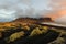 Magical landscape of Vestrahorn Mountains and Black sand dunes in Iceland at sunrise.  Panoramic view of the Stokksnes headland in