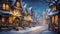 a magical mid-journey through a quaint snowy village during Christmas