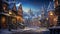 a magical mid-journey through a quaint snowy village during Christmas