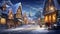 a magical mid-journey through a quaint snowy village during Christmas