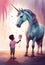 Magical Moment: Boy Offering a Rose to Unicorn in Hand-Drawn Scene