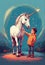 Magical Moment: Boy petting a Unicorn in Hand-Drawn Scene