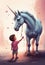 Magical Moment: Small Boy trying to connect with a Unicorn in Hand-Drawn Scene