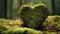 A magical moss-covered heart-shaped forest with a charming bird perched on top