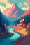 Magical mountain landscape. Surreal colorful vector art. Alpine scenery. Dream like concept art