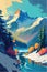 Magical mountain landscape. Surreal colorful vector art. Alpine scenery. Dream like concept art