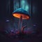 A magical mushroom in a dark misty forest with dramatic phantasmal iridescent lighting, ai generated