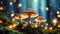 Magical mushrooms with red cap in dark forest with lights