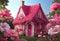 magical and mystery pink fairy house with a vibrant flowers