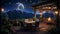 a magical nighttime scene with a wooden building and terrace, adorned with garden furniture