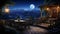 a magical nighttime scene with a wooden building and terrace, adorned with garden furniture