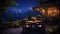 a magical nighttime scene with a wooden building and terrace, adorned with garden furniture