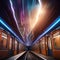 A magical, nighttime train winding its way through enchanted, glowing tunnels1