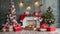 Magical nostalgic retro Christmas presents, sweets and anniversary cakes in front of a festive backdrop with colorful decorations