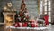 Magical nostalgic retro Christmas presents, sweets and anniversary cakes in front of a festive backdrop with colorful decorations