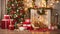 Magical nostalgic retro Christmas presents, sweets and anniversary cakes in front of a festive backdrop with colorful decorations