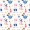 Magical pattern with bottle,Dodo bird,golden keys,cute rabbit in blue jacket,cupcake